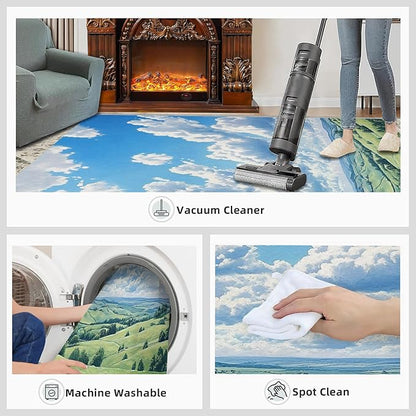 Sky and Clouds 4x6 Area Rugs for Living Room -Grassland and Pasture Washable Rug Rural Landscape Non-Slip Carpet Indoor Floor Stain Resistant Thin Carpets for Bedroom Dining Room Home Office