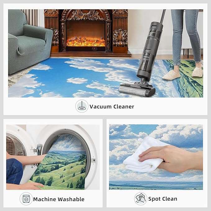 Sky and Clouds 6x9 Area Rugs for Living Room -Grassland and Pasture Washable Rug Rural Landscape Non-Slip Carpet Indoor Floor Stain Resistant Thin Carpets for Bedroom Dining Room Home Office