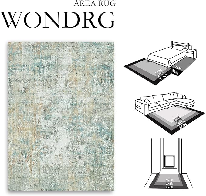 6x9 Washable Area Rug Teal Beige Abstract Living Room Bedroom Carpet Neutral Modern Non-Slip Soft Low Pile Lightweight Vacuumable Throw Rug for Dining Room Kitchen