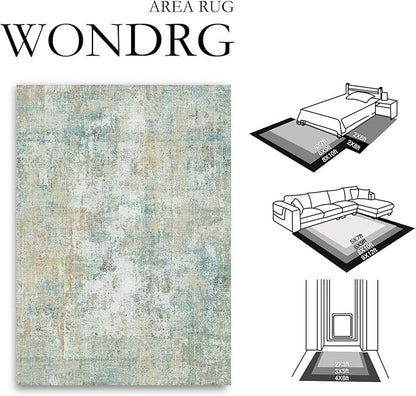 8x10 Washable Area Rug Teal Beige Abstract Living Room Bedroom Carpet Neutral Modern Non-Slip Soft Low Pile Lightweight Vacuumable Large Throw Rug for Dining Room