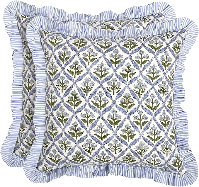 Ridhi Modern Farmhouse Pillow Covers Decorative Cotton Throw Pillow Covers Set of 2 Light Steel Blue Cushion Covers with Ruffle for Couch Sofa Bed Living Room Spring Home Decor 20x20
