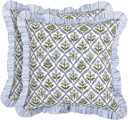 Ridhi Modern Farmhouse Pillow Covers Decorative Cotton Throw Pillow Covers Set of 2 Light Steel Blue Cushion Covers with Ruffle for Couch Sofa Bed Living Room Spring Home Decor 18x18