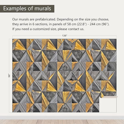 AFZEVEB-3D Geometric Wall Mural Gray and Gold Wallpaper for Bedroom 136"x96"(Not Peel and Stick)