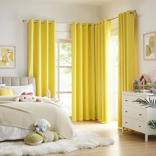 DUALIFE Yellow Blackout Curtains - Room Darkening Grommet Thermal Insulated Small Window Curtain for Kids Bedroom, 2 Panels Sets (52 x 45 Inches Long, Illuminating Yellow)