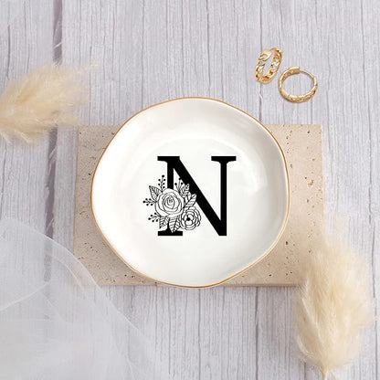 JoycuFF Initial N Ceramic Jewelry Tray, Bridesmaid Bride Gifts, Mothers Day Christmas Anniversary Engagement Birthday Gifts for Women Couples, Trinket Dish for Rings Earrings Necklaces Bracelets Keys