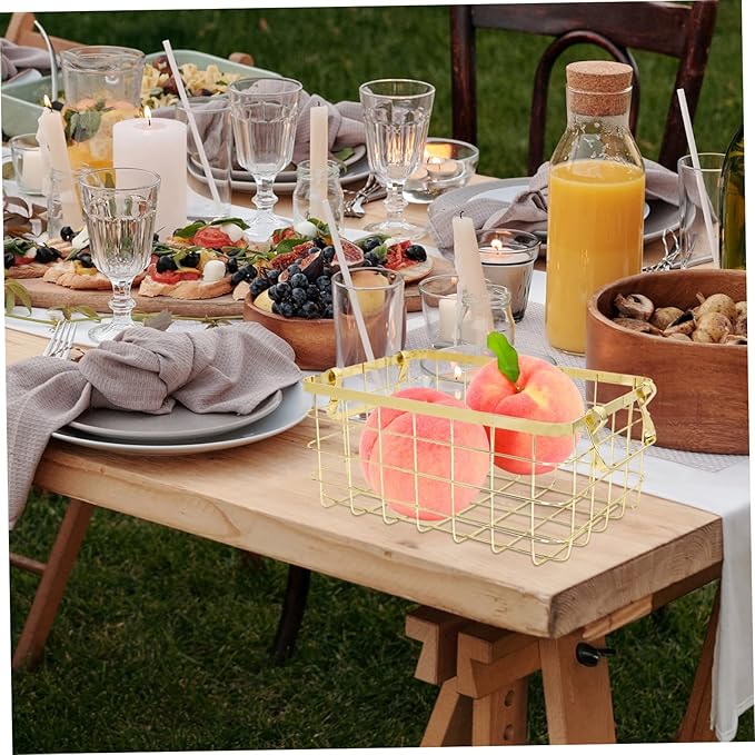 GLEAVI Nordic Style Metal Wire Basket with Handles Decorative Iron Storage Basket for Fruits Vegetables and Sundries Portable Organizer for Home and Kitchen