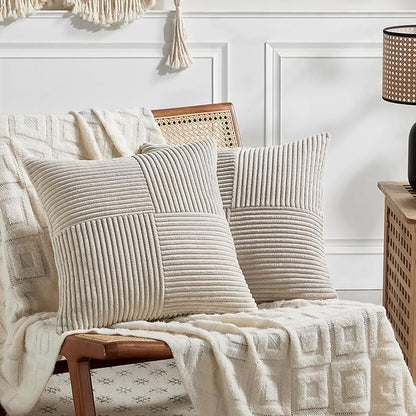 Fancy Homi 2 Packs Neutral Taupe Samll Decorative Throw Pillow Covers 12x12 Inch with for Couch Bed Sofa, Rustic Farmhouse Boho Home Decor, Soft Corss Patchwork Corduroy Square Cushion Case 30x30 cm