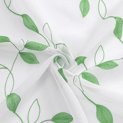 Tollpiz Green Leaf Sheer Curtains Leaves Embroidered Bedroom Short Curtain Rod Pocket Voile Window Treatment for Living Room, 38 x 54 inches Long, Set of 2 Panels