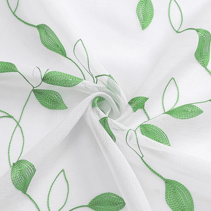 Tollpiz Green Leaf Sheer Curtain Leaves Embroidered Living Room Short Curtains Rod Pocket Voile Window Treatment for Bedroom, 54 x 54 inches Long, Set of 2 Panels