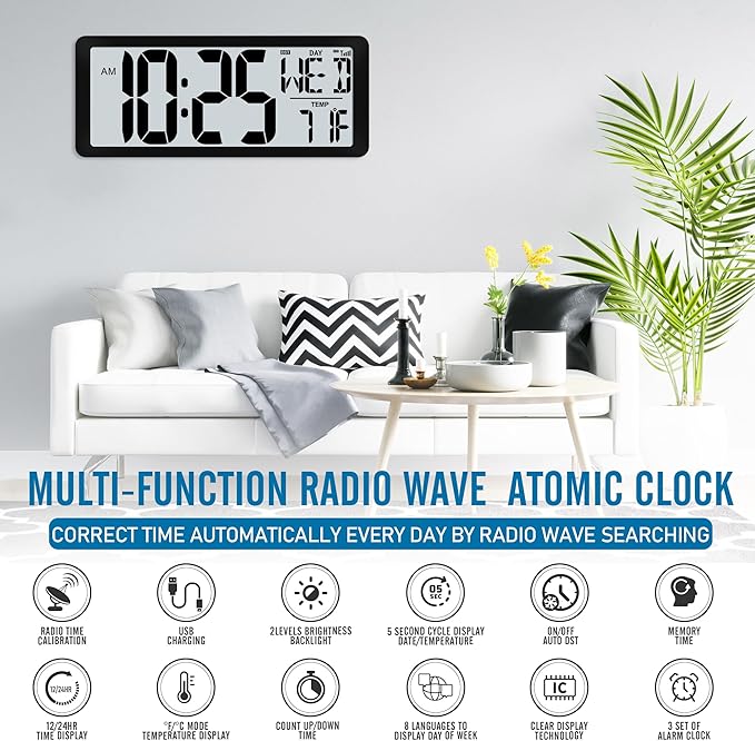 4.6" Numbers Display Built-in Rechargeable Power 15" Atomic Black Wall Clock -Night Display-Never Needs Setting!-Easy to Read Numbers-Never Need Replace Battery