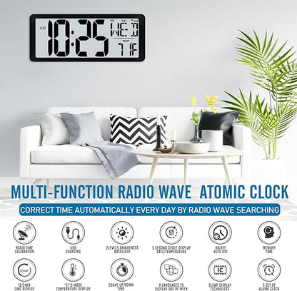 4.6" Numbers Display Built-in Rechargeable Power 15" Atomic Black Wall Clock -Night Display-Never Needs Setting!-Easy to Read Numbers-Never Need Replace Battery