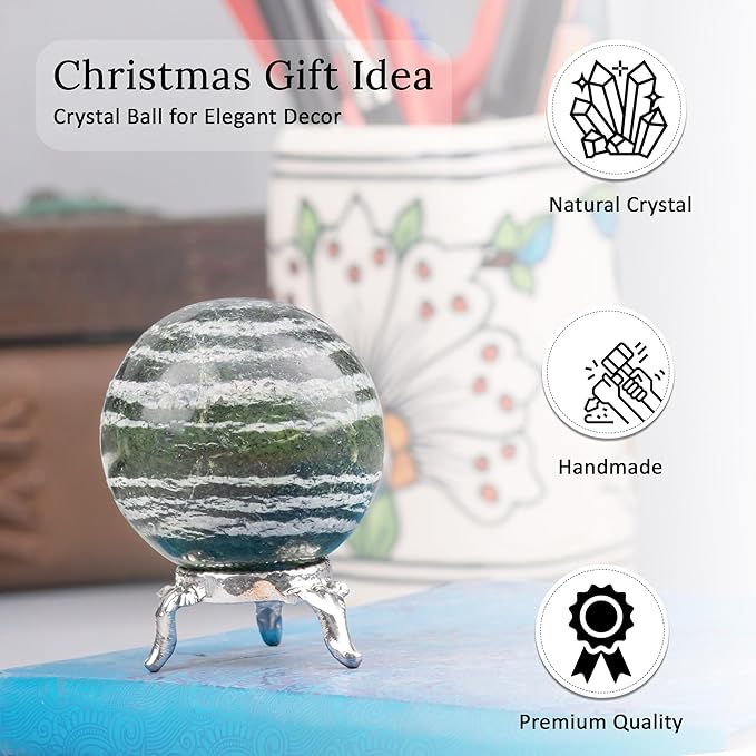 Crocon 45mm Swiss Opal Stone Sphere Ball with Metal Stand 1400+ Carats Gemstone Ball Healing Sphere Sculpture Figurine for Fengshui Divination Home Decoration Photography Crystal Sphere
