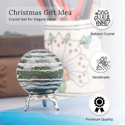 Crocon 45mm Swiss Opal Stone Sphere Ball with Metal Stand 1400+ Carats Gemstone Ball Healing Sphere Sculpture Figurine for Fengshui Divination Home Decoration Photography Crystal Sphere