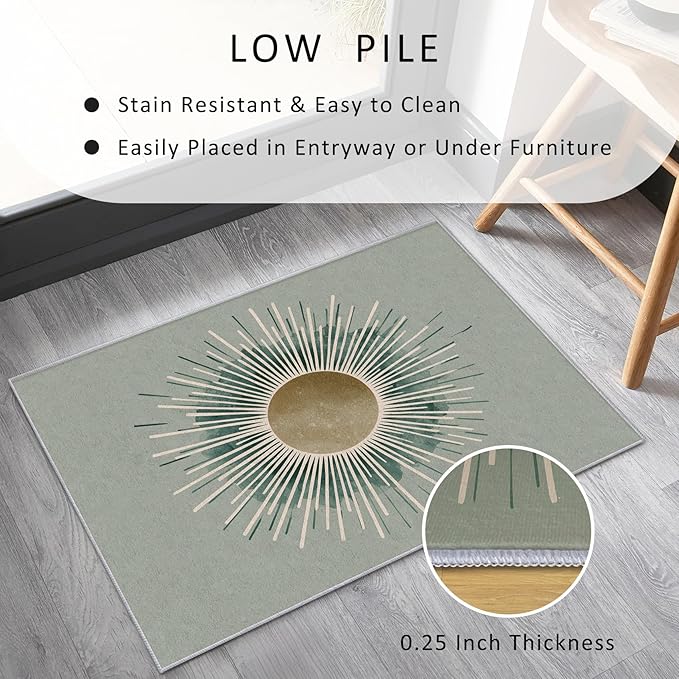 Sun Rug, 3x5 Area Rugs Boho Simple Minimalist Green Pattern for Entryway, Living Room, Bedroom, Sun Home Decor Accessories Indoor Carpet, Non Slip & Machine Washable