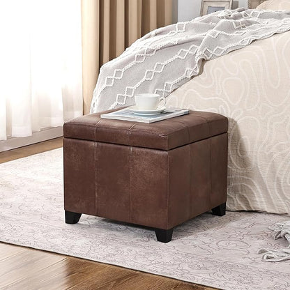 Adeco Faux Leather Storage Ottoman with Hinged Lid, 16 Inch High Vitage Brown Square Cube Foot Stool with Storage, Upholstered Vanity Stool with Solid Wood Legs for Living Room, Bedroom