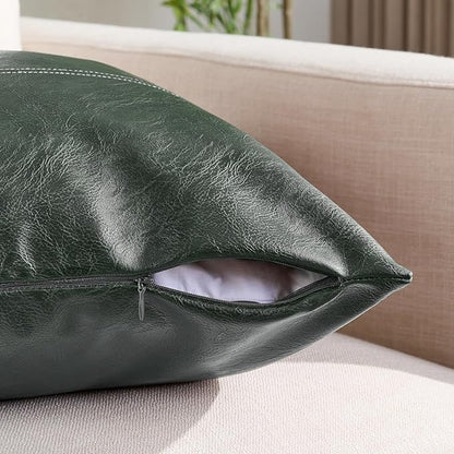 Fancy Homi 2 Packs Dark Green Long Lumbar Faux Leather Decorative Throw Pillow Covers 14x24 Inch for Couch Bed, Modern Farmhouse Boho Home Decor, Olive Green Hand Stitched Cushion Case 35x60 cm