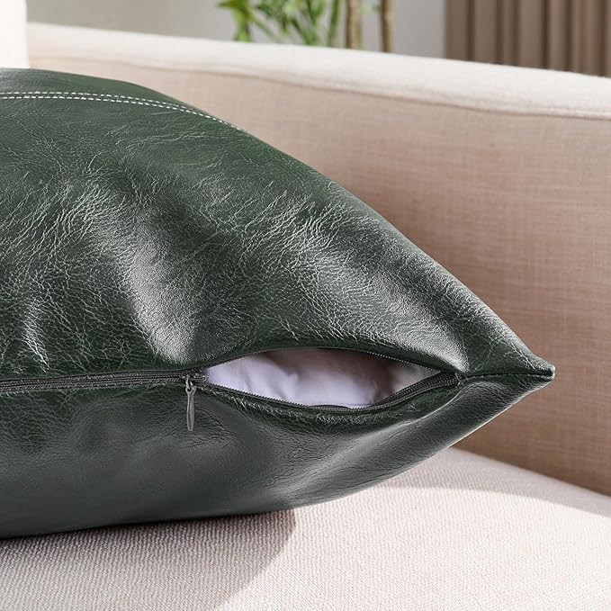 Fancy Homi 2 Packs Dark Green Faux Leather Decorative Throw Pillow Covers 20x20 Inch for Couch Bed, Modern Farmhouse Boho Home Decor, Olive Green Hand Stitched Accent Square Cushion Case 50x50 cm