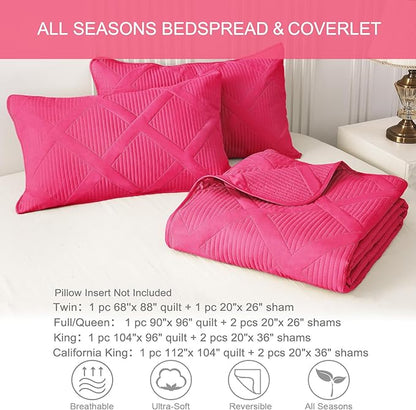 Exclusivo Mezcla Twin Size Quilt Set - Hot Pink Quilts Bedding Set with 2 Pillow Shams, Modern Bedspread with Striped Pattern, Soft Lightweight Bedspreads Coverlets for All Seasons