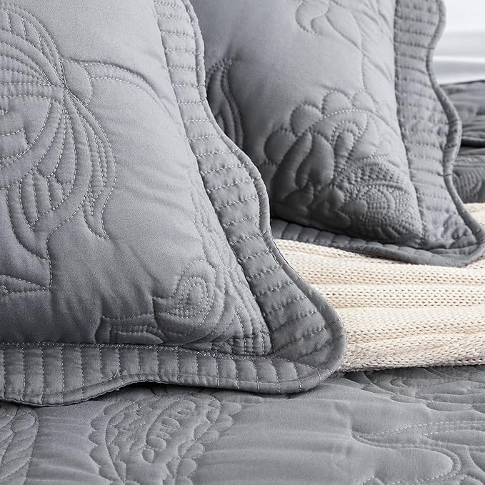 HZ & HY Oversized King Bedspread 128x120 Extra Wide, Quilted Coverlet Bedding Set, Lightweight Thin Comforter, Reversible, Luxurious, 5 Piece, 100% Microfiber, Grey