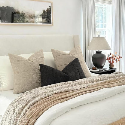 YCOLL Textured Boucle Throw Pillow Covers 20x20 Pack of 2 - Soft Neutral Striped Cushion Covers, Cozy Accent Decorative Pillow Covers for Couch, Sofa, Bed, Living Room (Oatmeal)