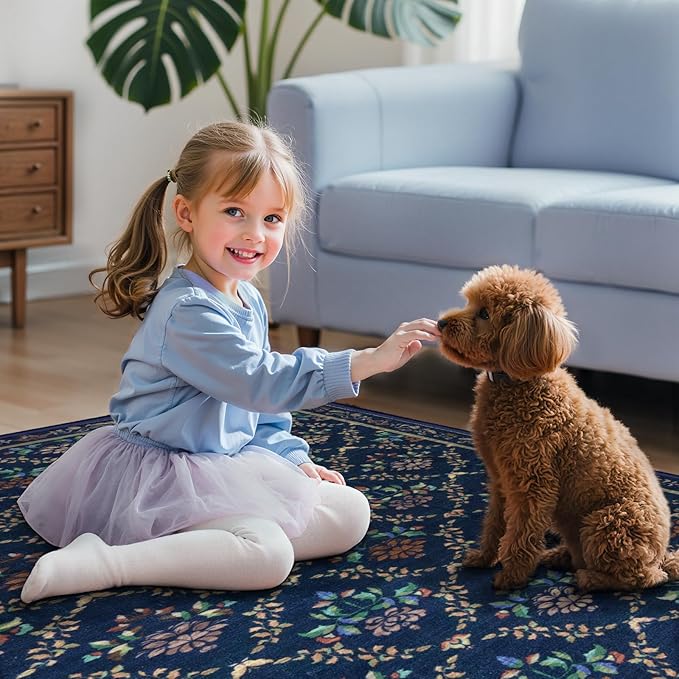 Tangsoo 2x6 Washable Runner Rug for Hallways, Non Slip Blue Floral Carpet Runner, Soft Low Pile Floor Carpet Runner for Kitchen, Laundry, Bedroom, Bathroom, Living Room Home Decor