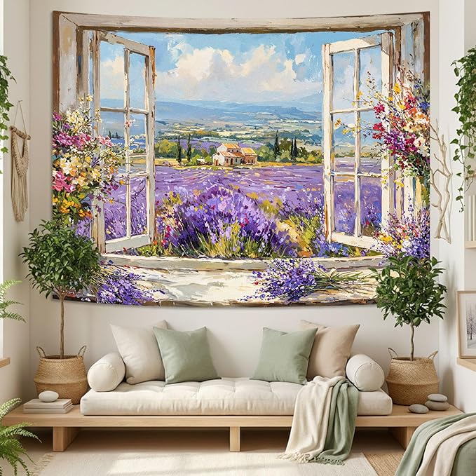 Lifeel Lavender Field Tapestry, Flower Aesthetics Landscape Window Tapestries, Romantic Home Decor for Living Room Bedroom, 60x80 inches