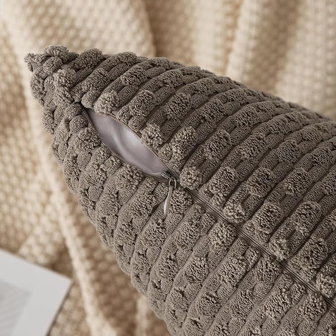 Kevin Textile 14x36 Inch Long Lumbar 1 Pack Boho Decorative Throw Pillow Cover Soft Striped Corduroy Rectangle Cushion Case Farmhouse Solid Color Accent for Living Room Couch Sofa Bed, Light Brown