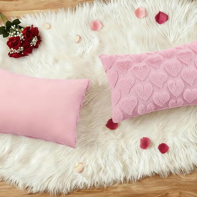decorUhome Valentine’s Day Soft Plush Throw Pillow Covers 12x20 Inch Set of 2, Faux Fur Pink Heart Decoration Neutral Lumbar Pillow Covers for Couch Sofa Bed Cozy Farmhouse Holiday Decor