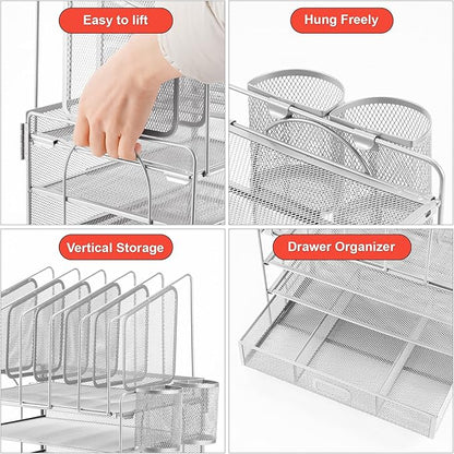 Marbrasse Desk Organizers, 4-Tier Mesh Desk File Organizer with 5 Vertical File Holders and 2 Pen Holders, Multifunction Desktop Organizer,Desk Organizers and Accessories for Home Office (Silver)