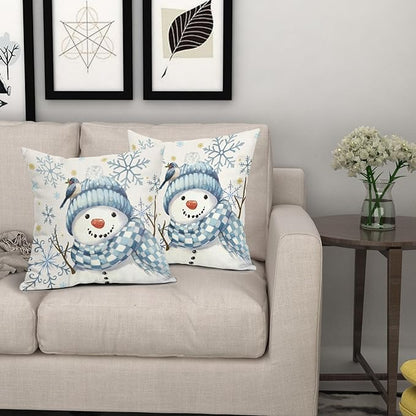 Christmas Pillow Covers 24x24 Set of 2 Blue Snowman Throw Pillow Covers Winter Pillowcase Linen Decoration Farmhouse Bird Cozy Soft Cushion Case Couch for Indoor Outdoor Home Decor
