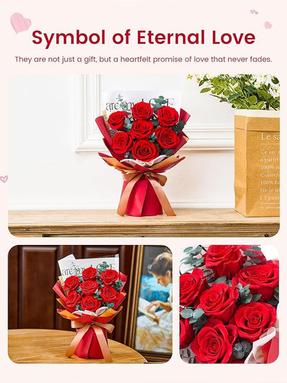 Mosstory Roses Bouquet 7-Piece Forever Flowers Bouquet Gift for Her Women Wife Mothers Anniversary Birthday Wedding (Red Roses)
