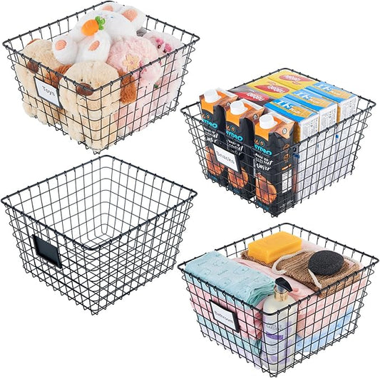 4 Pack【Extra Large】 Wire Handmade Storage Basket for Organizing Household Goods,Pantry Organization,Bathroom countertop,Laundry,Wardrobe Storage Basket,Black