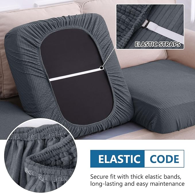 hyha Waterproof Couch Cushion Covers, Sectional Sofa Cushion Slipcovers L Shape, Thick Stretch Jacquard Fabric, Washable Chaise Lounge Cover with Elastic Bottom (1 Piece for Chaise, Grey)