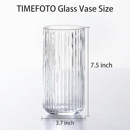 Clear Glass Flower Vase for Pampas Grass, 7.5 inch Medium Decorative Centerpiece Ribbed Vase for Dining Table, Office Desktop, Shelf Bookshelf, Mantel, Entryway, Bathroom, Countertop, Farmhouse, Gift