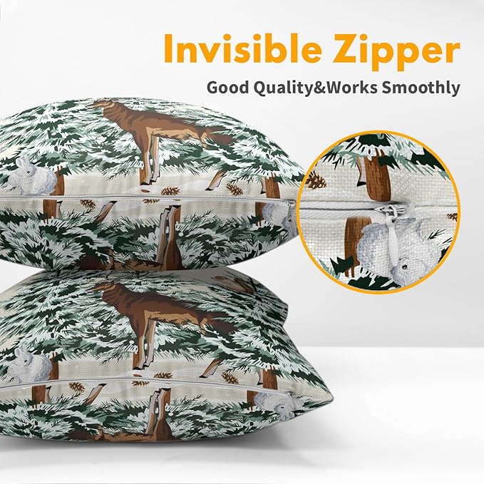 Christmas Tree Pillow Covers 20x20 Set of 2 Deer Animal Print Decorative Outdoor Dark Green Xmas Throw Pillow Cases Rustic Snow Winter Holiday Decoration Farmhouse Sofa Couch Cushion Cover Bed Decor