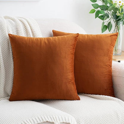 HWY 50 Burnt Orange Velvet Throw Pillow Covers 18x18 Inch, Pack of 2 Soft Cozy Solid Decorative Luxury Fall Cushion Cases for Couch Sofa Bed Living Room Bedroom