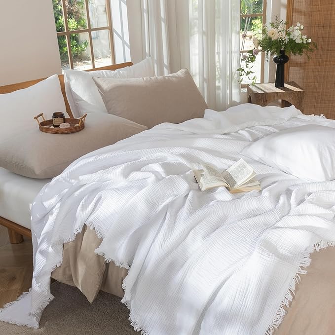 MooMee Muslin Blanket - 100% Cotton 4-Layer Gauze Throw Blanket with Tassels Ultra-Soft Breathable Lightweight Cooling for Bed Couch (Bright White,Oversized Queen 98" x 98")