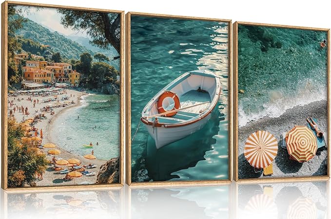 Natural Coastal Ocean Framed Canvas Wall Art Set,Mediterranean Amalfi Blue Green Beach Seascape Decor,Modern Summer Seaside Boat & Umbrella Artwork for Living Room,Bedroom,Farmhouse- 24"x36"x3