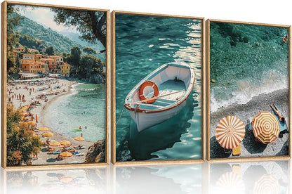 Natural Coastal Ocean Framed Canvas Wall Art Set,Mediterranean Amalfi Blue Green Beach Seascape Decor,Modern Summer Seaside Boat & Umbrella Artwork for Living Room,Bedroom,Farmhouse- 24"x36"x3