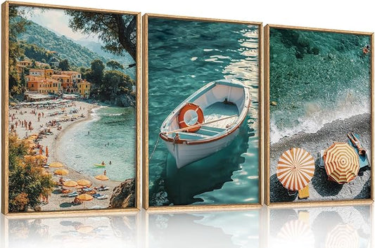 Natural Coastal Ocean Framed Canvas Wall Art Set,Mediterranean Amalfi Blue Green Beach Seascape Decor,Modern Summer Seaside Boat & Umbrella Artwork for Living Room,Bedroom,Farmhouse- 24"x36"x3