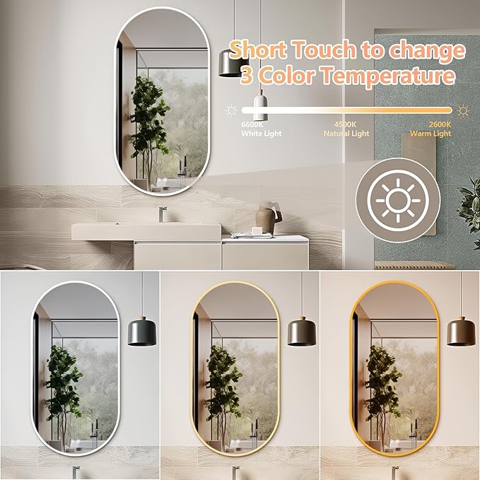 Niccy Oval LED Bathroom Vanity Mirror, 48"x24" Front lit Mirror with Light, Smart Anti-Fog Waterproof Mirror with Memory Function Dimmable Lighted Mirror