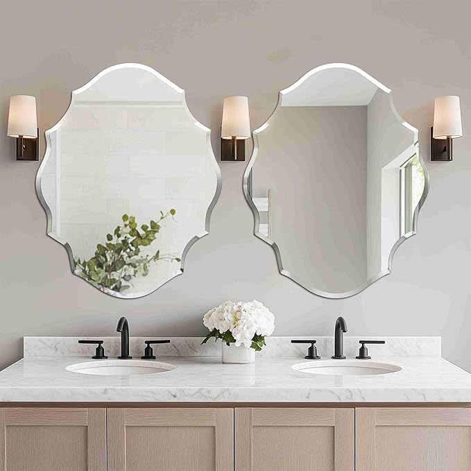 Frameless Scalloped Wall Mirror: Decorative Scallop Oval Mirrored Glass Vanity with Beveled Silver Edge for Bathroom Bedroom Livingroom Dining Room Entryway Hallway, 28 x 22 inch