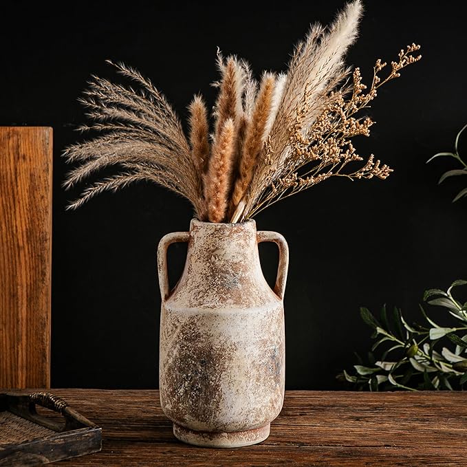 Ceramic Flower Vase with Handles,11 inch Farmhouse Vase,Rustic Vintage Terracotta Vases for Home Decor,Living Room,Kitchen Shelf,Table,Fireplace,Holiday & Weddings Centerpiece (Terracotta-L-1622)