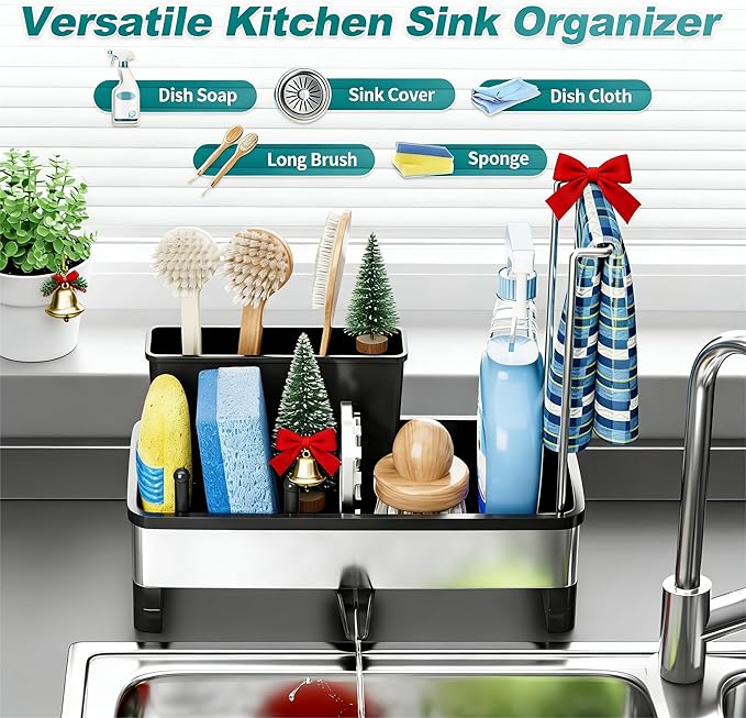 Stainless Steel Sink Caddy, Sponge Holder for Kitchen Sink with Brush Holder & Dishcloth Rack, Rustproof Sink Organizer Countertop, Soap Dispenser Kitchen Organizers Storage Essentials, Black