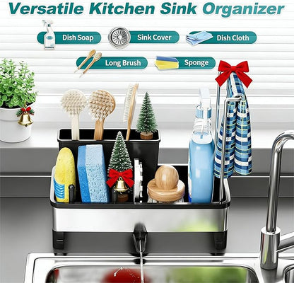 Stainless Steel Sink Caddy, Sponge Holder for Kitchen Sink with Brush Holder & Dishcloth Rack, Rustproof Sink Organizer Countertop, Soap Dispenser Kitchen Organizers Storage Essentials, Black