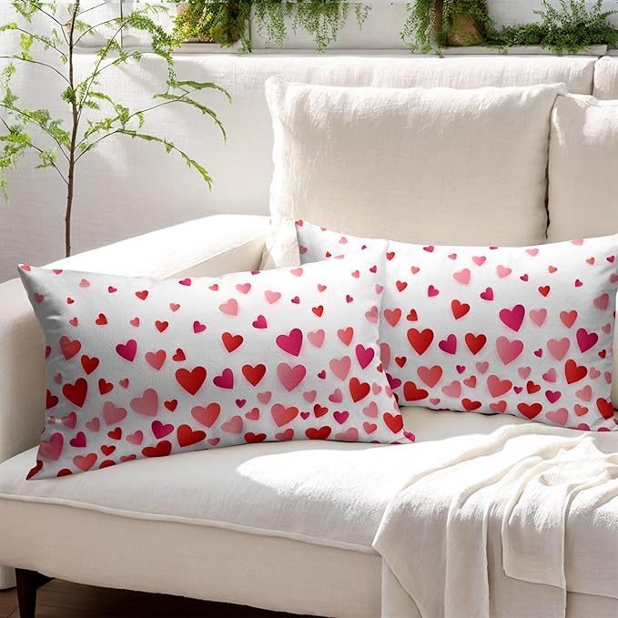 Valentines Day Pillow Covers 12x20 Set of 2 Red Pink Heart Throw Pillow Covers Love Pillowcase Linen Decoration Farmhouse Holiday Cozy Soft Cushion Case Couch for Indoor Outdoor Home Decor