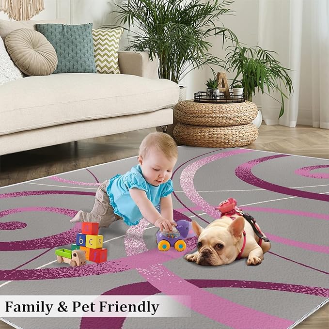Superior Stylish Purple Circles Geometry Area Rug, Modern Abstract Grey Swirls Print Large Rugs, Machine Washable Breathable Durable Carpet for Room Sofa Living Room Mat Bedroom Decor,2 x 3ft