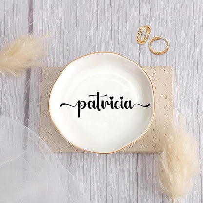 JoycuFF Patricia Personalized Name Ceramic Jewelry Tray, Mothers Day Christmas Anniversary Engagement Birthday Gifts for Women Couples, Trinket Dish for Rings Earrings Necklaces Bracelets Keys