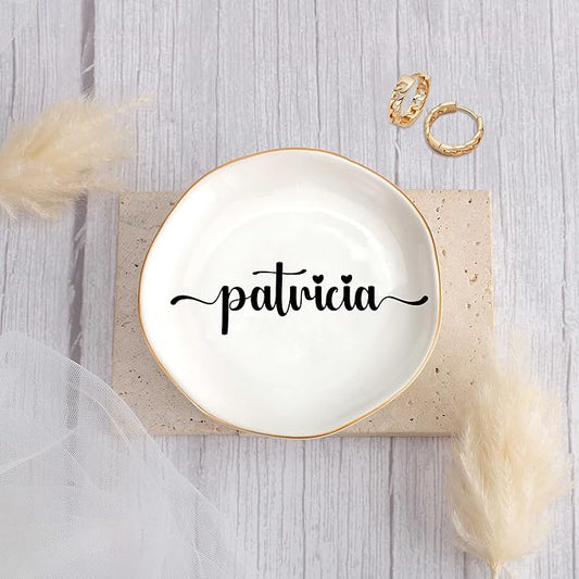 JoycuFF Patricia Personalized Name Ceramic Jewelry Tray, Mothers Day Christmas Anniversary Engagement Birthday Gifts for Women Couples, Trinket Dish for Rings Earrings Necklaces Bracelets Keys