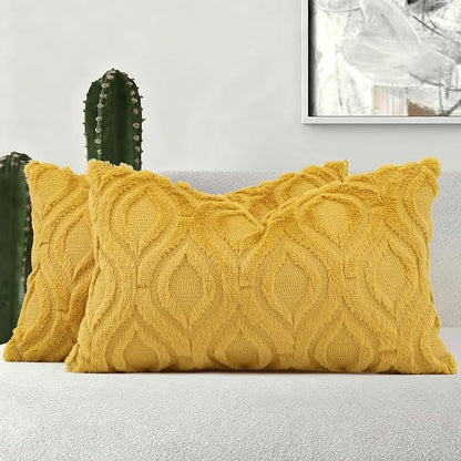 decorUhome Spring Throw Pillow Covers 12x20 Inch Set of 2, Soft Plush Faux Wool Mustard Yellow Solid Couch Pillow Covers, Accent Farmhouse Neutral Square Pillow Cases for Sofa Bed Living Room